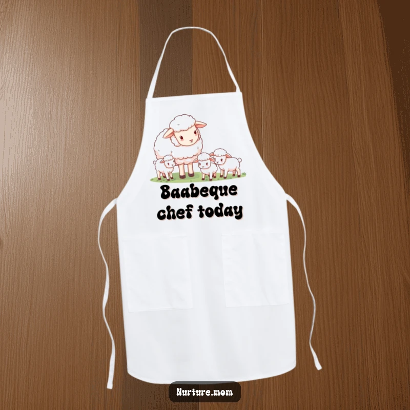Funny gentle mother sheep watching baby lambs, cute apron, perfect for moms in the kitchen.