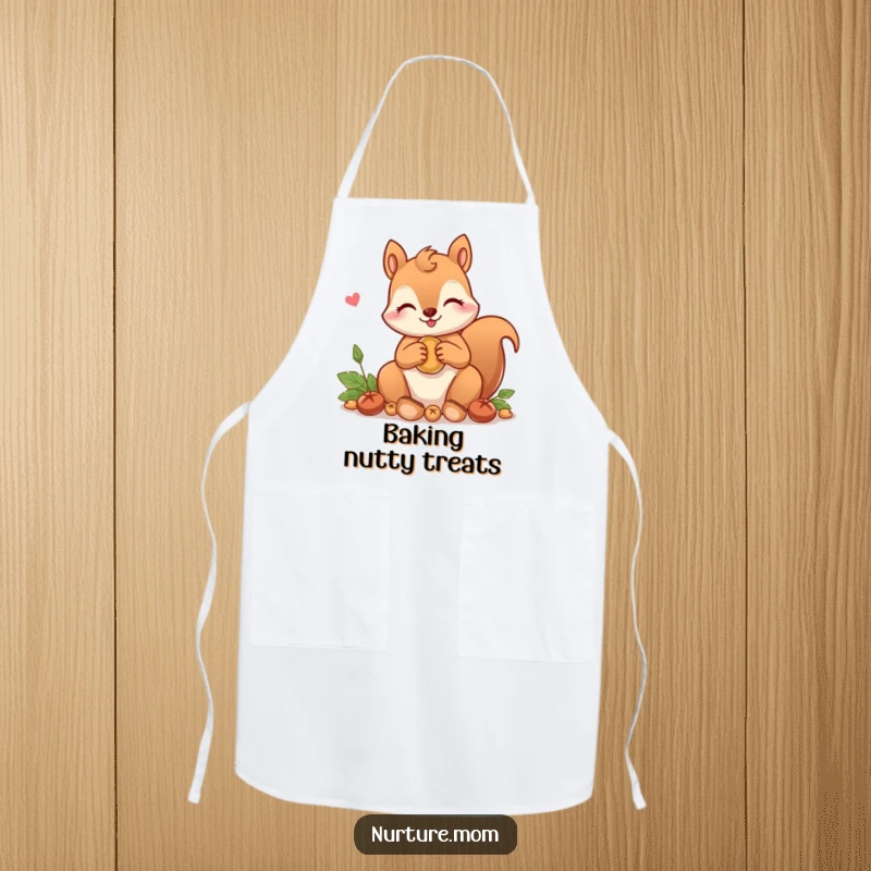 Funny! Apron design with a kawaii squirrel mom character gathering nuts, perfect for cooking with adorable flair and a sense of humor.