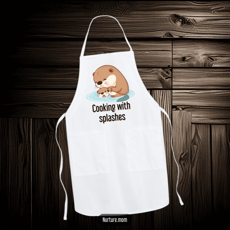Funny kawaii mother otter teaching her pup to swim on a kitchen apron.