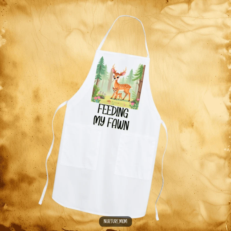 Funny deer mom apron illustrating a mother deer and fawn in a forest, perfect for kitchen fun.