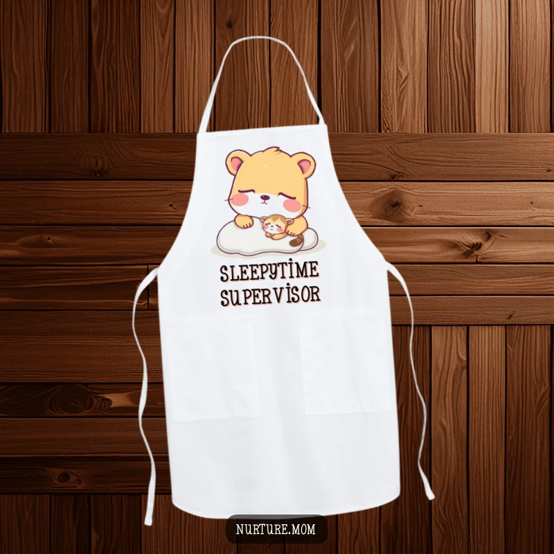 Funny apron with a large animal observing a tiny sleeping creature, perfect for kitchen fun.