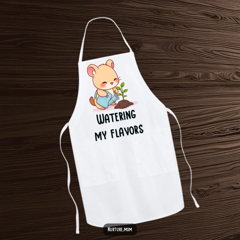 Funny apron showing a small animal gently watering a sprouting seedling with a watering can, perfect for gardening enthusiasts.