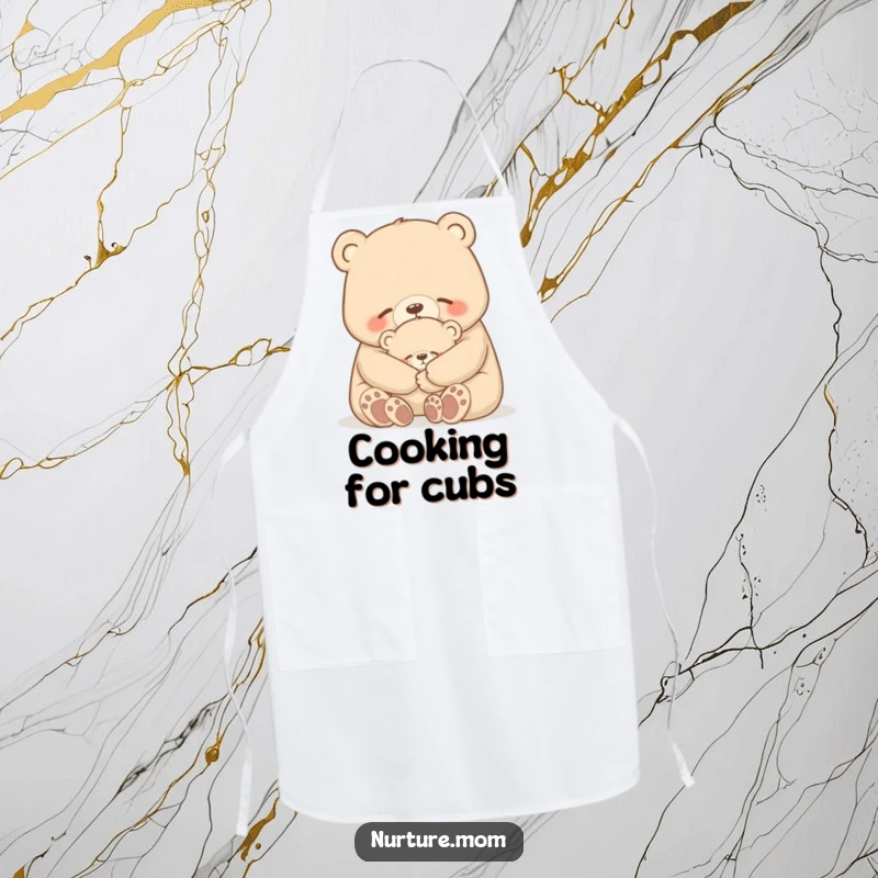 Funny bear apron showing a mother bear gently hugging her cub, great for kitchens and humorous gifts.