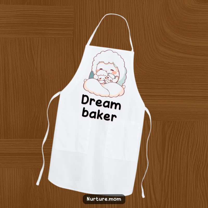 Funny apron showing a fluffy creature tucking a tiny one into a cozy bed, perfect for messy parenting tasks.