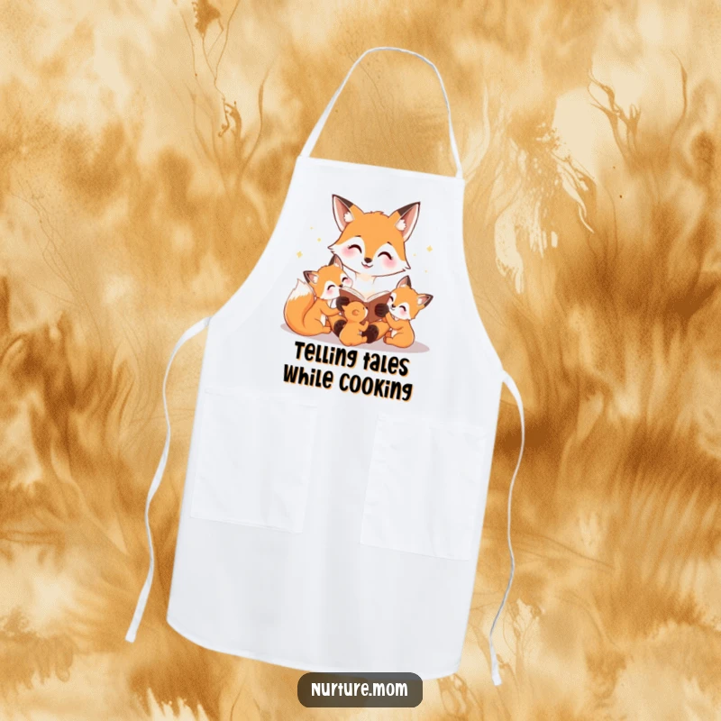Funny apron with a happy fox mom reading a bedtime story to her cubs, perfect for cozy kitchen activities and storytelling.