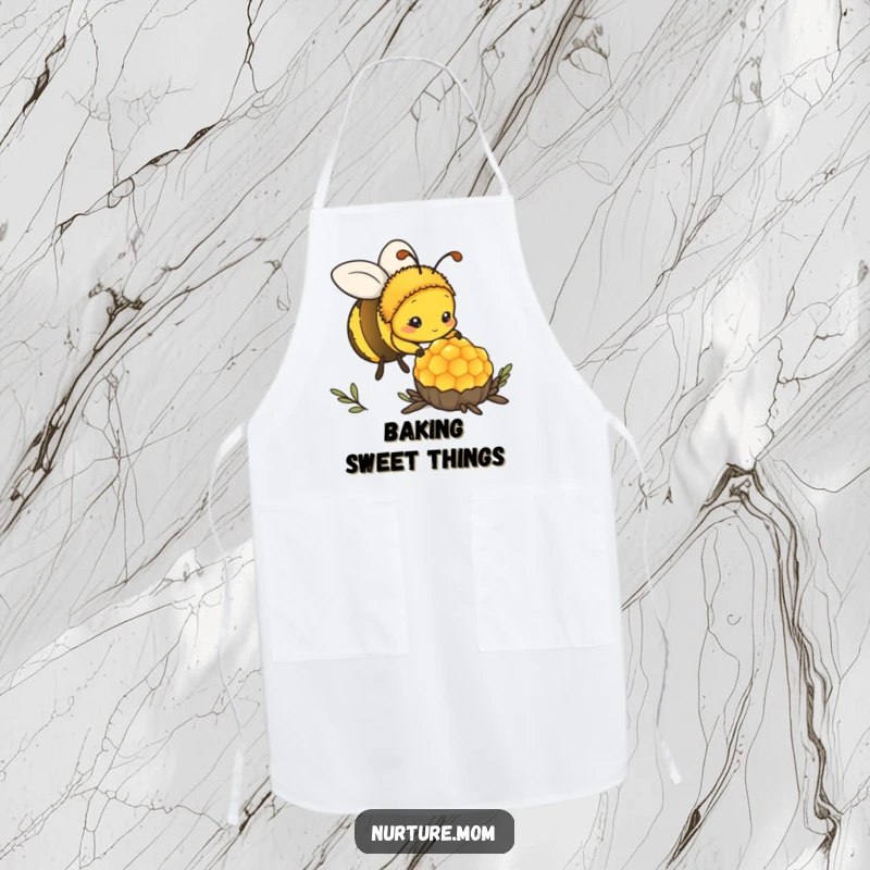 Funny kawaii mother bee tending to honeycomb, a cute kitchen apron design.