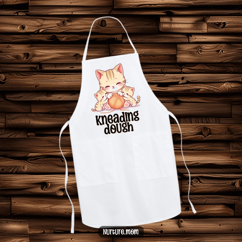 Funny kawaii mother cat playing with yarn and kittens, a cute kitchen apron design.