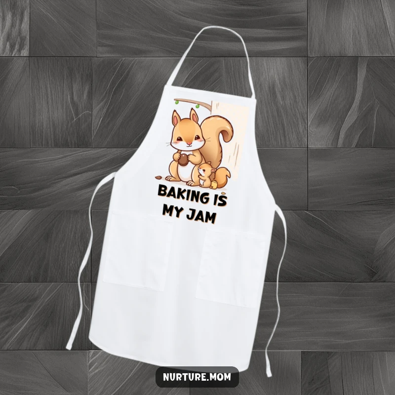 Funny kawaii mother squirrel gathering nuts, a humorous kitchen apron design.