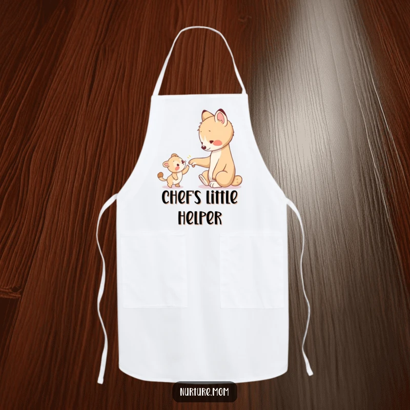 Funny apron depicts an animal's paw gently guiding a young creature, adding a humorous and heartwarming touch to kitchen activities.