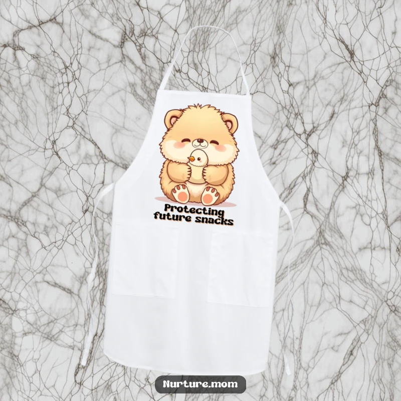 Funny apron depicts a fluffy animal gently holding a baby bird in its paws, adding a touch of sweet, humorous protection to kitchen tasks.