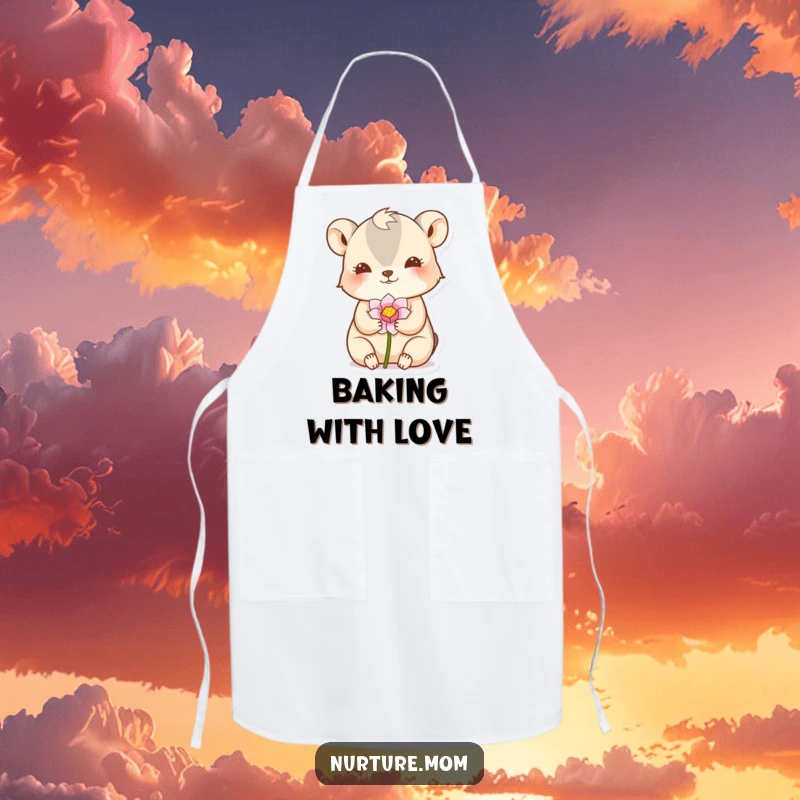 Funny apron showing a small animal gently cradling a delicate flower bud in a nurturing gesture, suitable for kitchens.