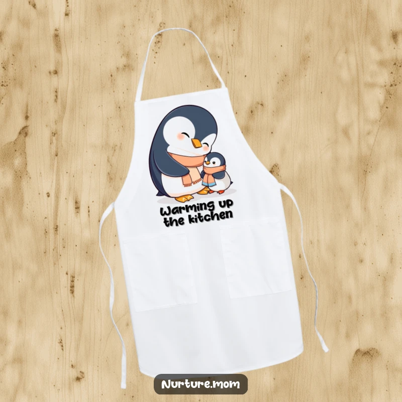 Funny mama penguin helps her chick with a small scarf while cooking, a heartwarming and charming design for this apron.