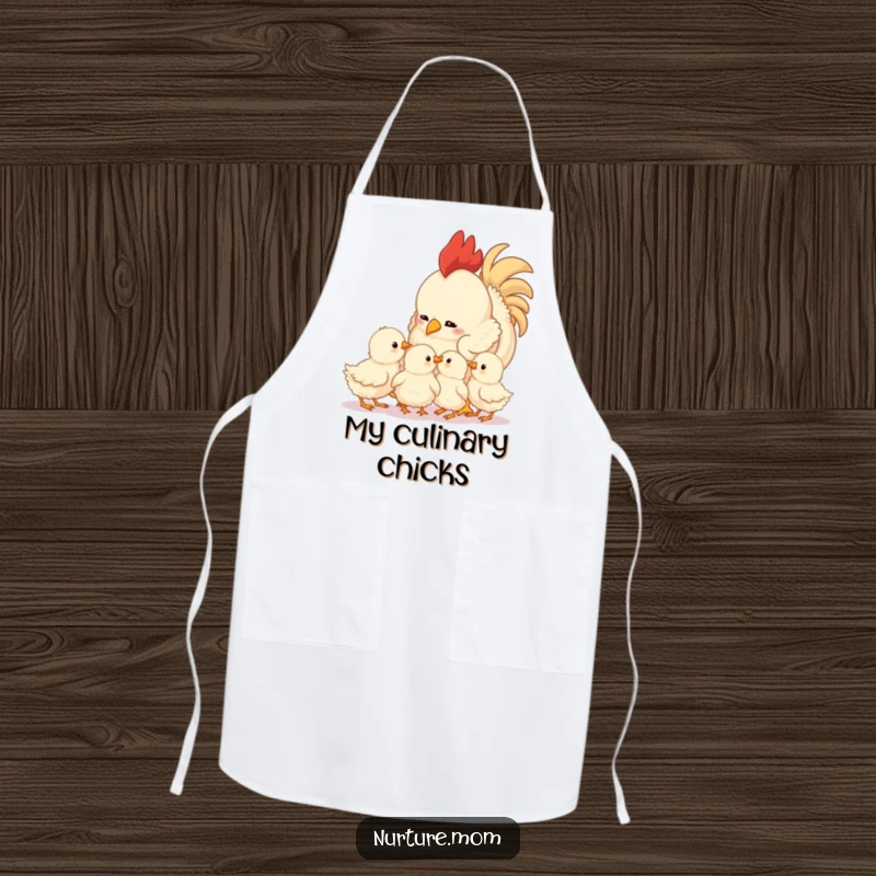 Funny mother hen apron showing a hen looking fondly at her fluffy chicks, a cute and humorous kitchen accessory.