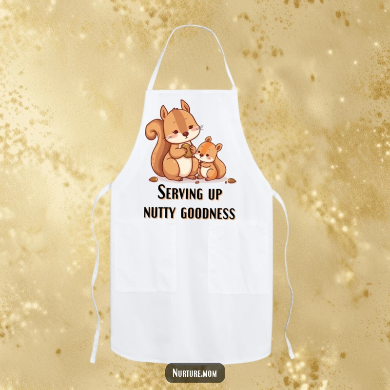 Funny Squirrel Apron showing a contented squirrel sharing nuts with a smaller one, ideal for cooking with generosity and humor.