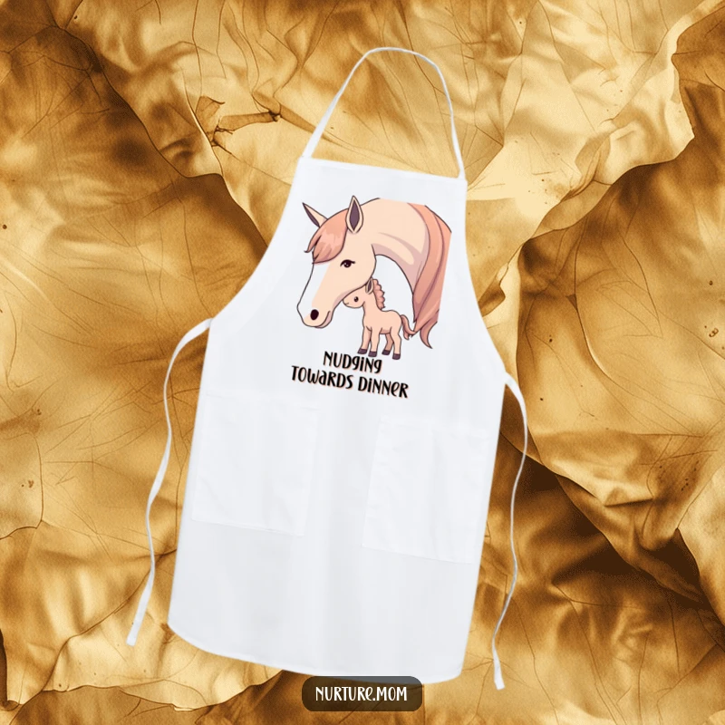 Apron design featuring a mother horse softly nuzzling her foal, symbolizing gentle care.