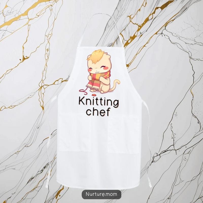 Funny apron showing a creature concentrating on knitting a colorful scarf, perfect for protecting clothes during crafting.