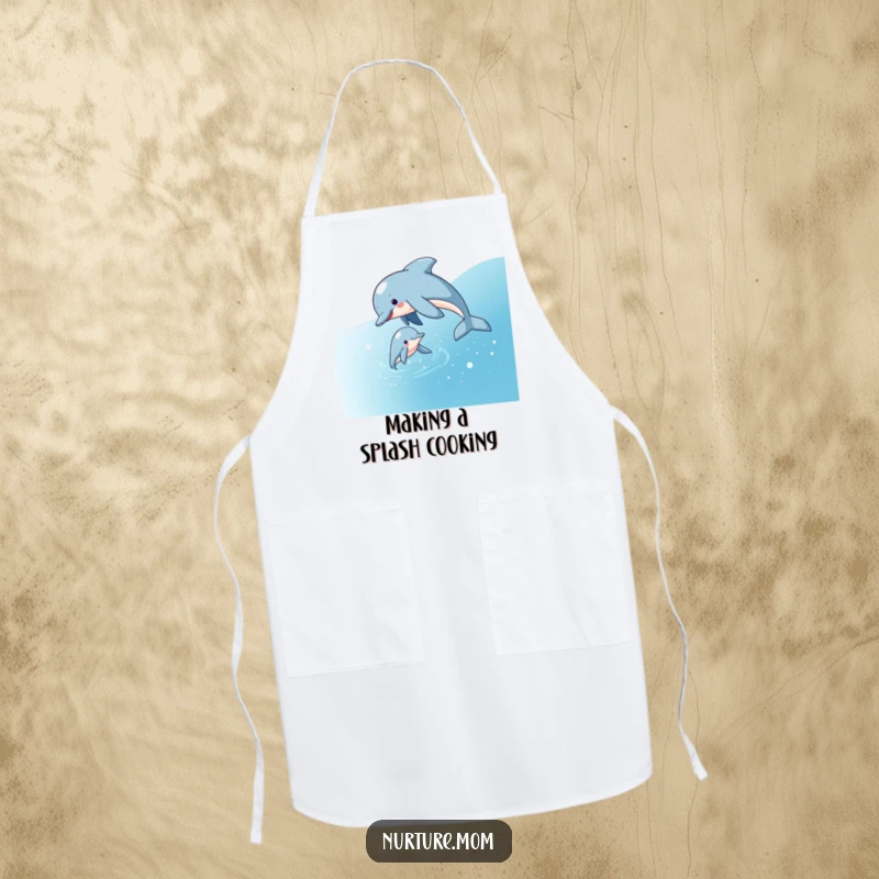 Funny apron with a playful dolphin mom guiding her calf through sparkling water, perfect for playful kitchen activities.