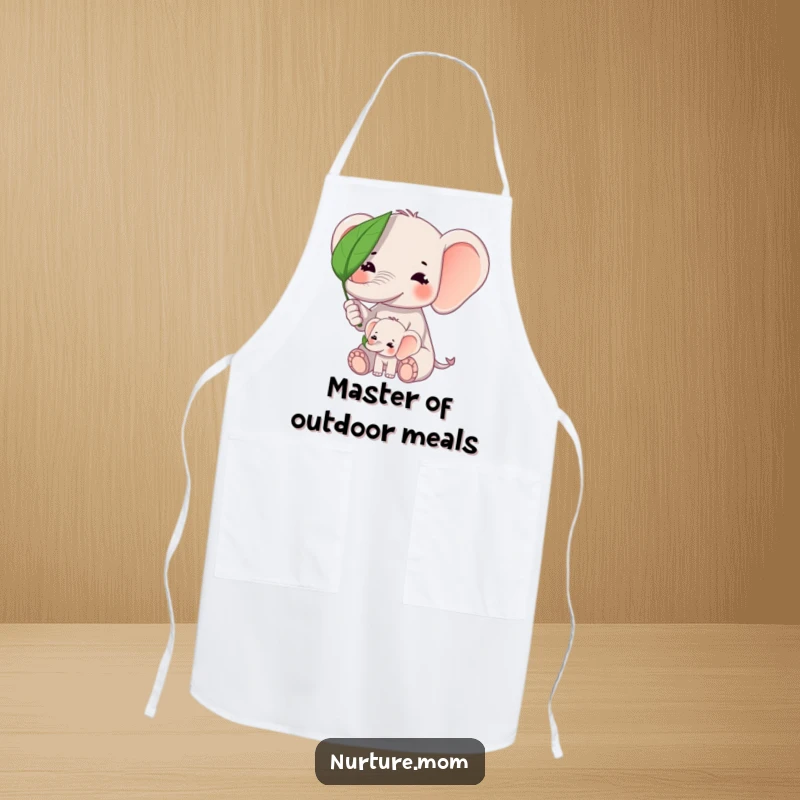 Funny kawaii elephant mom shielding baby elephant from sun with a leaf on a durable kitchen apron.