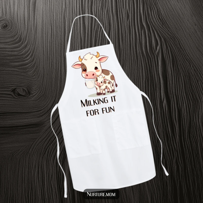 Funny! Apron design with a contented cow mom character offering milk to her calf, perfect for cooking with farm fresh flair and a sense of humor.