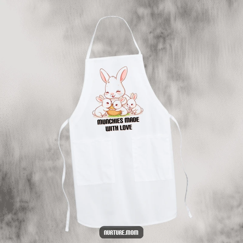 Funny nurturing mother rabbit feeding baby bunnies, cute apron, perfect for moms in the kitchen.