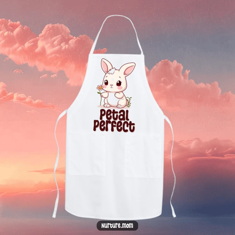 Funny bunny apron with a cute rabbit offering a tiny flower to a friend, perfect for adding charm to cooking or baking.