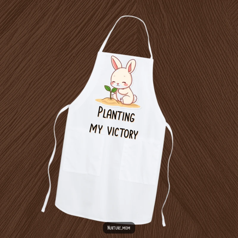 Funny apron showing a small bunny character gently patting a tiny sprout, a humorous kitchen and garden accessory.