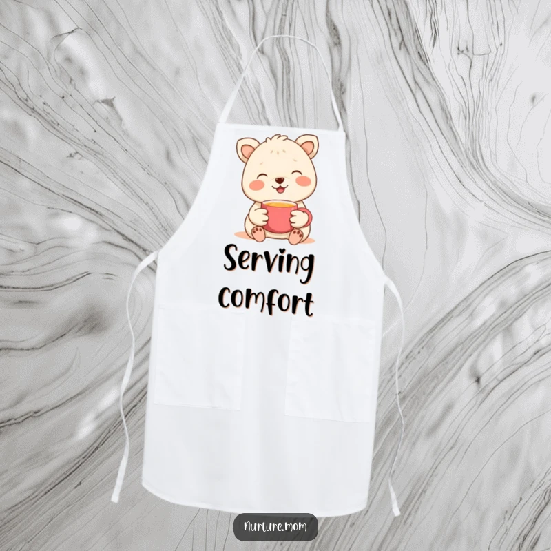 Funny apron showing a friendly animal offering a warm cup, perfect for kitchen hospitality and cheerful serving.