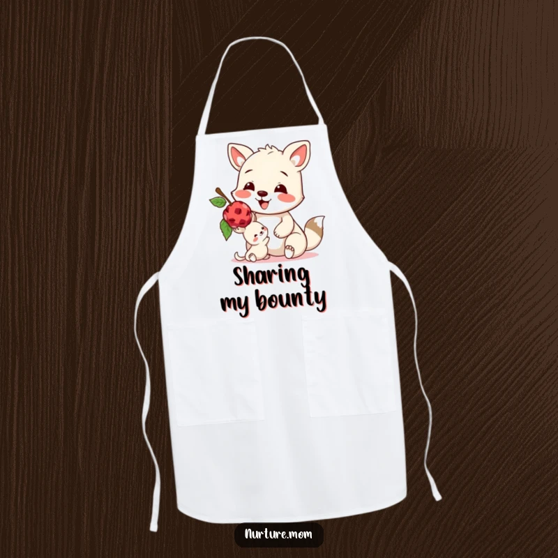 Funny apron showing a happy animal sharing a tasty berry with a smaller creature, perfect for a kind kitchen.