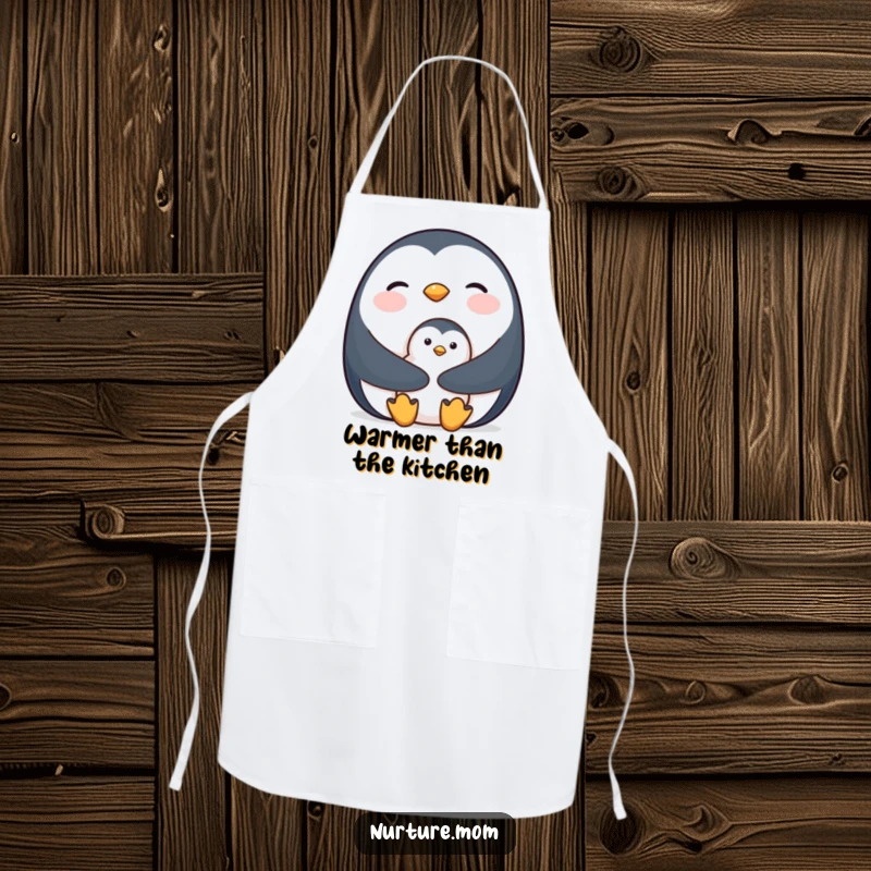 Apron design featuring a mother penguin holding her chick close for warmth, symbolizing care.