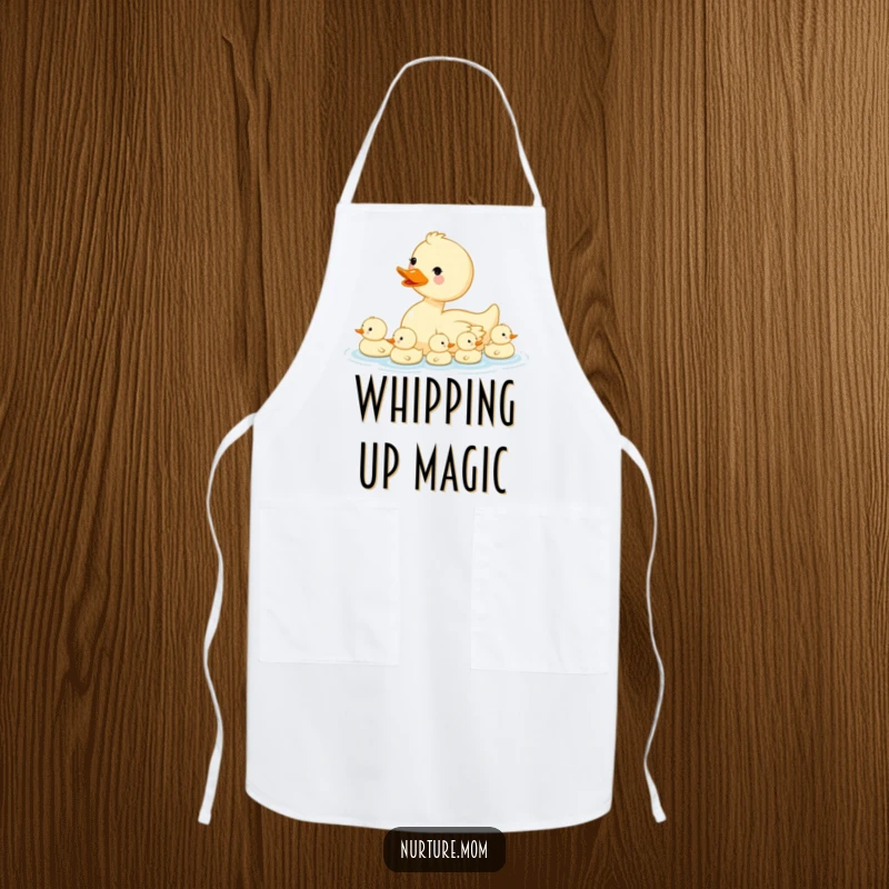 Funny kawaii mama duck leading her ducklings, a cute kitchen apron design for cooking.