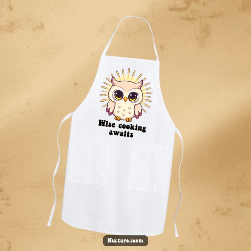 Funny apron adorned with a radiating owl mom, featuring a bright, wise gaze, perfect for cooking with a touch of humorous wisdom.