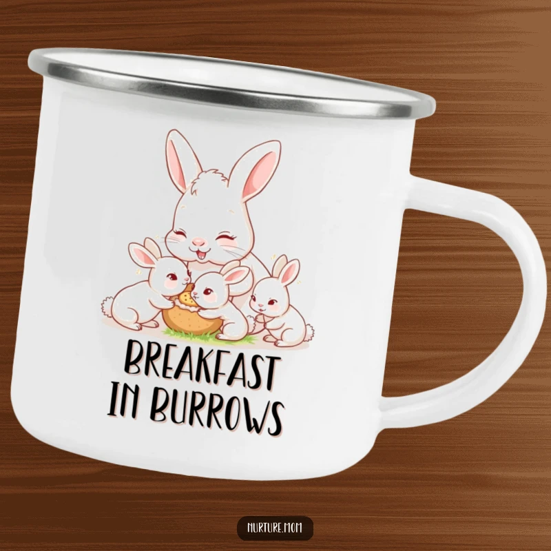 Funny nurturing mother rabbit feeding hungry bunnies, durable camping mug, perfect for outdoor-loving moms.