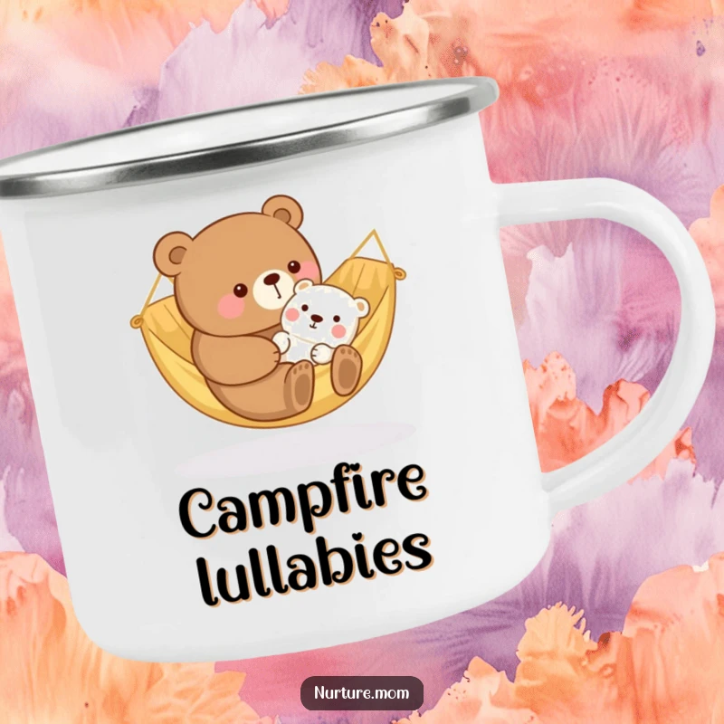 Funny kawaii bear mom rocking a baby animal in a cozy hammock, featured on a durable and heartwarming camping mug.