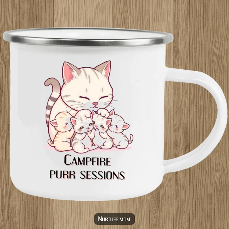 Funny Mother Cat Camp Mug: Cozy mother cat grooming her kittens, for outdoor enjoyment by cat lovers.
