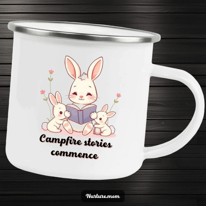 Funny kawaii mama bunny reading a storybook to her kits camping mug, ideal for outdoor adventures and cozy moments.