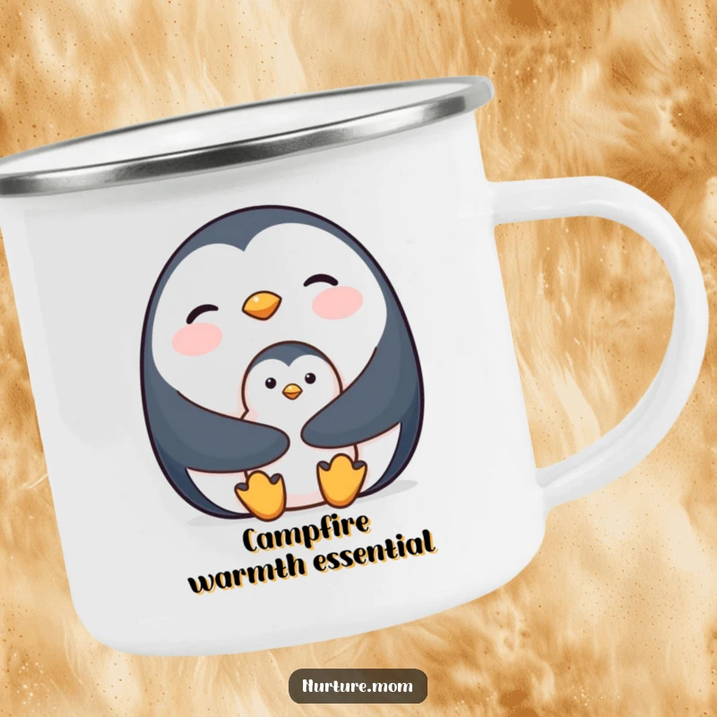 Camping mug showing a mother penguin holding her chick close for warmth, perfect for outdoor adventures.