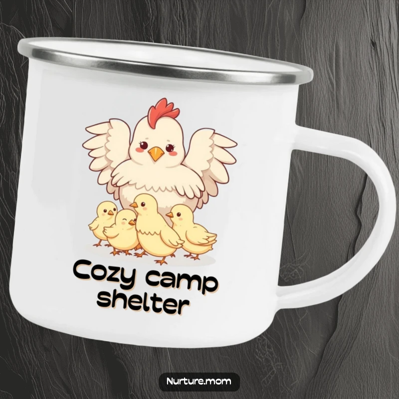 Funny Protective Hen Camp Mug: Cozy hen shielding her chicks, for outdoor enjoyment by farm lovers.