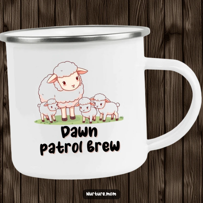 Funny gentle mother sheep watching her grazing lambs, durable camping mug, perfect for outdoor-loving moms.