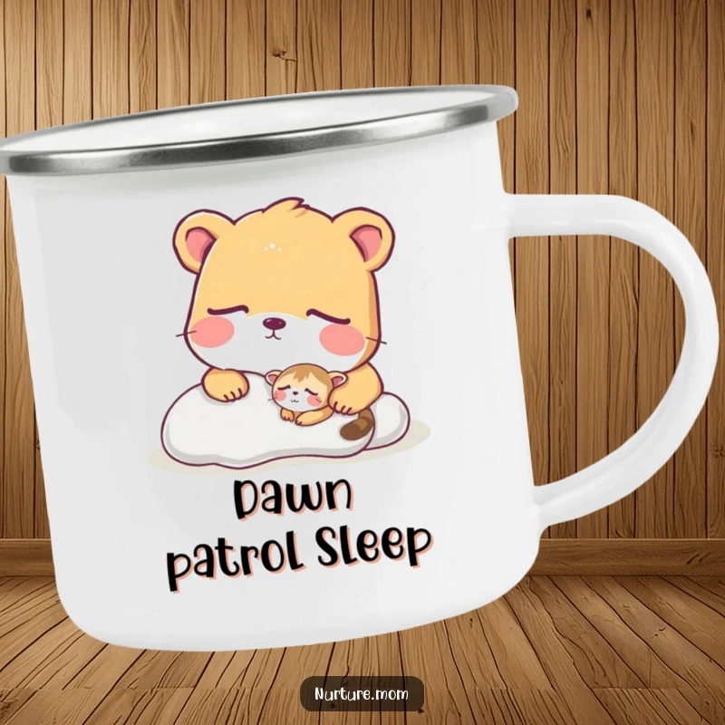 Funny camping mug with a large animal observing a tiny creature sleeping soundly outdoors.