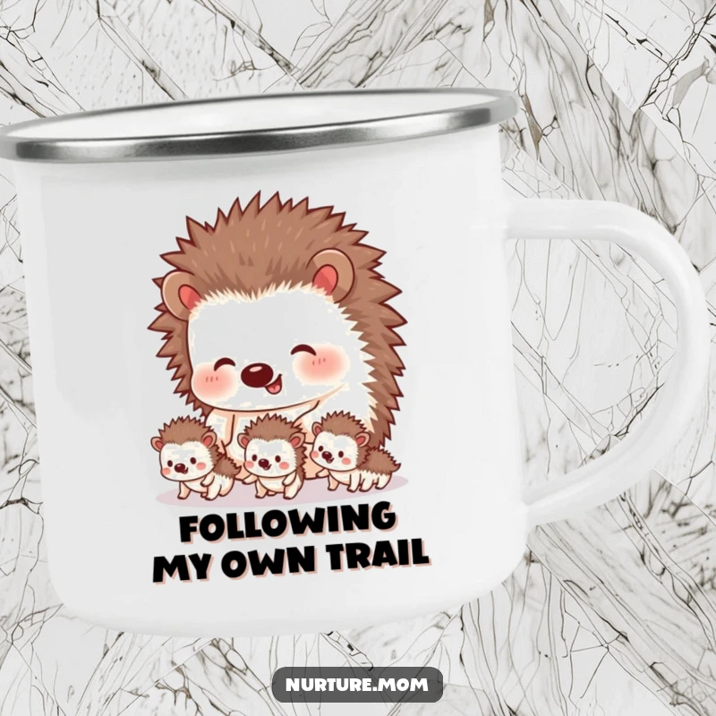 Funny hedgehog camping mug depicting a mother guiding her tiny siblings, a durable and humorous cup for outdoor enthusiasts.