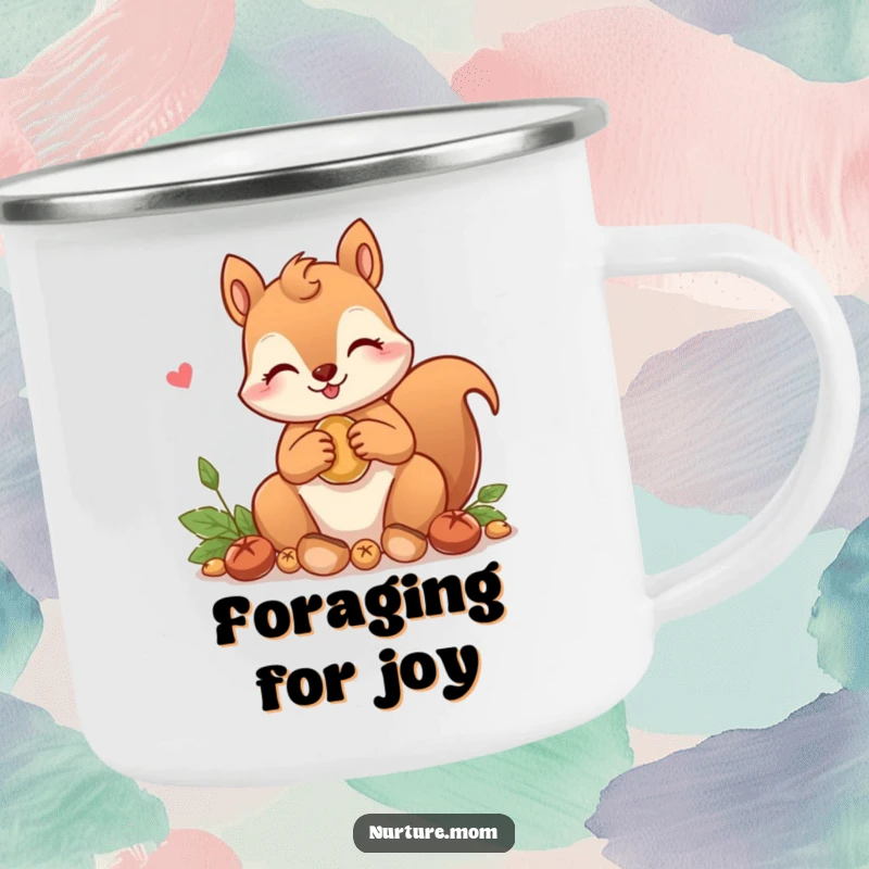 Funny! Sturdy camping mug with a kawaii squirrel mom character gathering nuts, perfect for outdoor adventures and spreading cute humor.