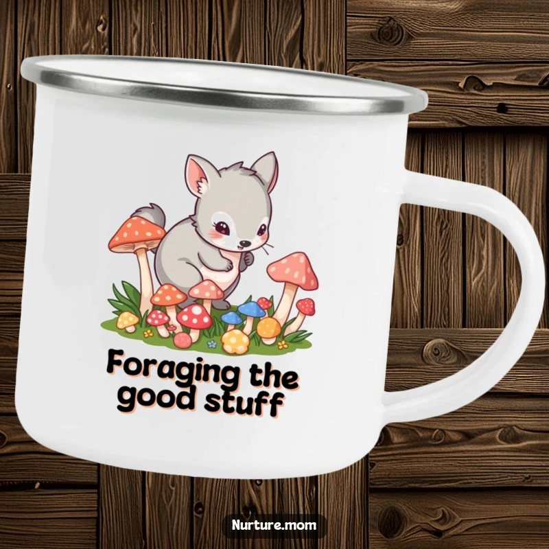 Funny camping mug depicting a small animal in a playful crouch tending to vibrant mushrooms, for outdoor use.