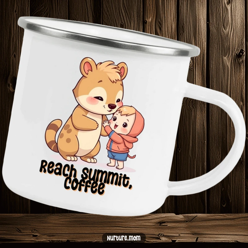Funny animal teaching a small one to reach on a durable camp mug, perfect for outdoor learning and humor.