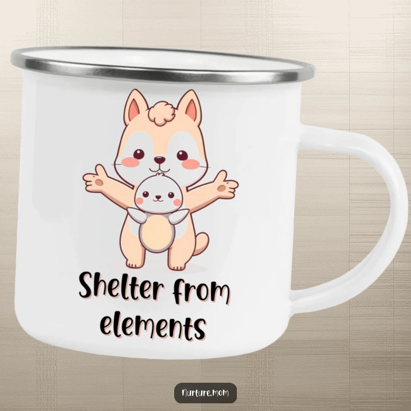 Funny animal protectively holding a small one with arms outstretched on a durable camp mug, perfect for outdoor humor.