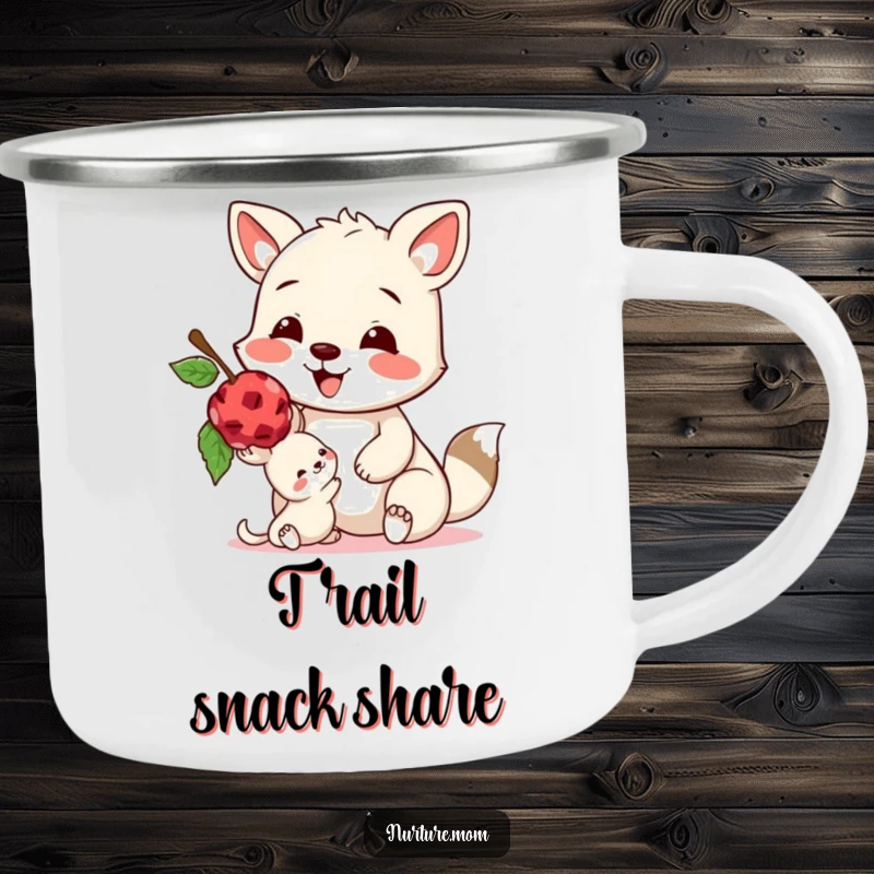 Funny camping mug of a happy animal sharing a berry with a smaller creature, perfect for enjoying nature's treats.