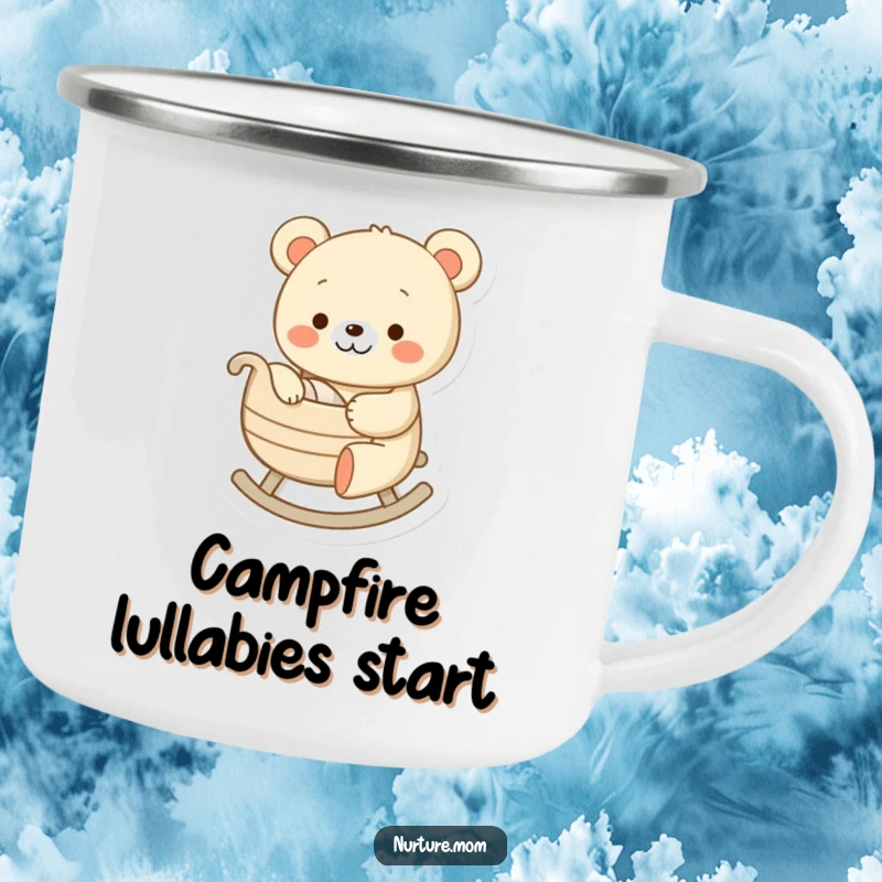 Funny camping mug featuring a cheerful bear character gently rocking a tiny cradle, a humorous and rugged cup for outdoor relaxation.