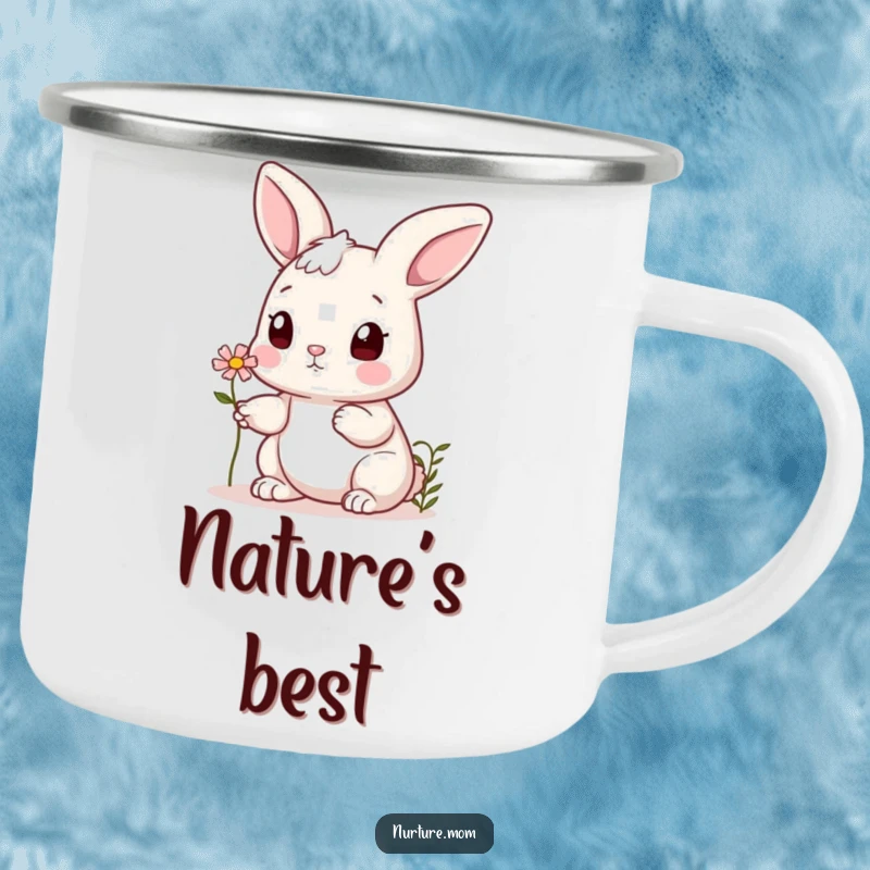 Funny bunny camping mug with a cute rabbit offering a tiny flower to a friend, ideal for enjoying drinks outdoors.