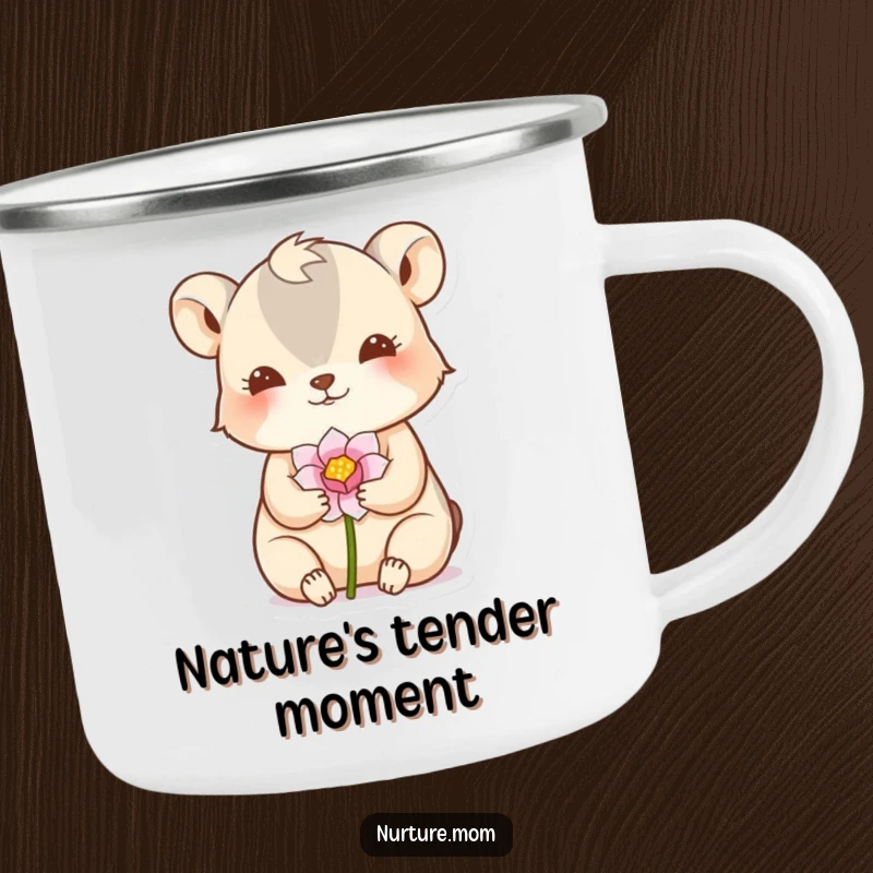 Funny camping mug depicting a small animal gently cradling a delicate flower bud in a nurturing gesture, for outdoor use.
