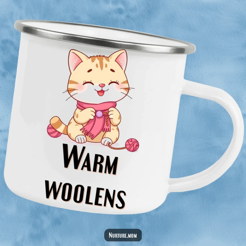 Funny cat knitting camping mug with a smiling cat creating a tiny scarf, perfect for enjoying drinks outdoors.