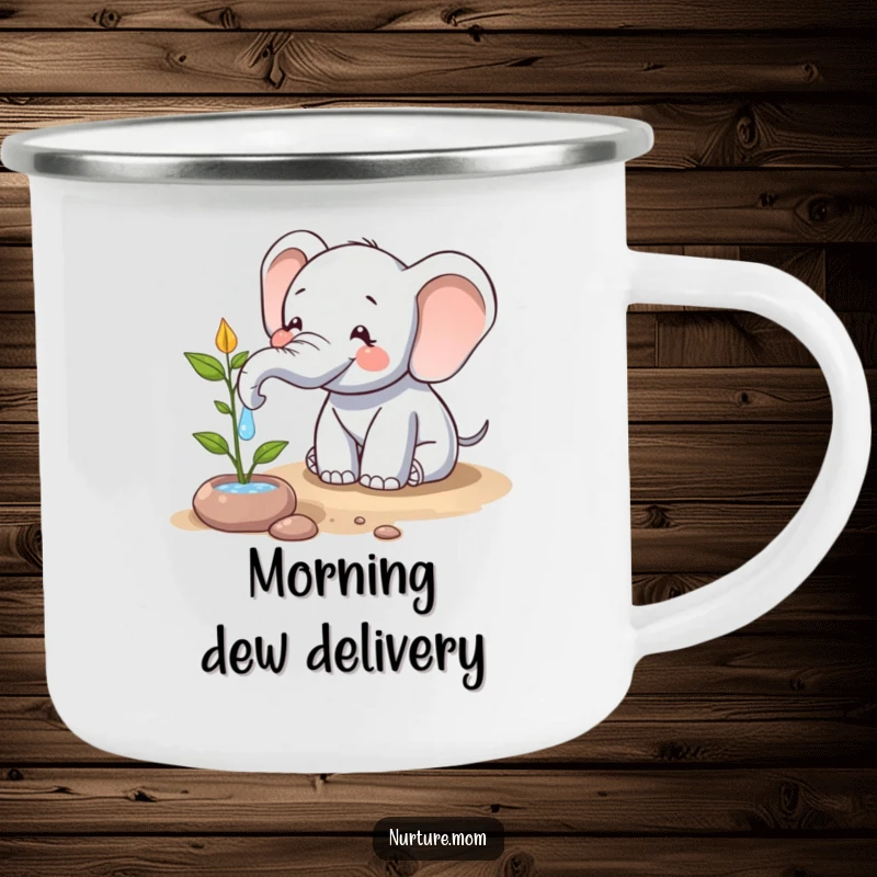 Funny camping mug featuring a happy elephant character using its trunk to water a plant, a humorous and rugged cup for outdoor adventures.